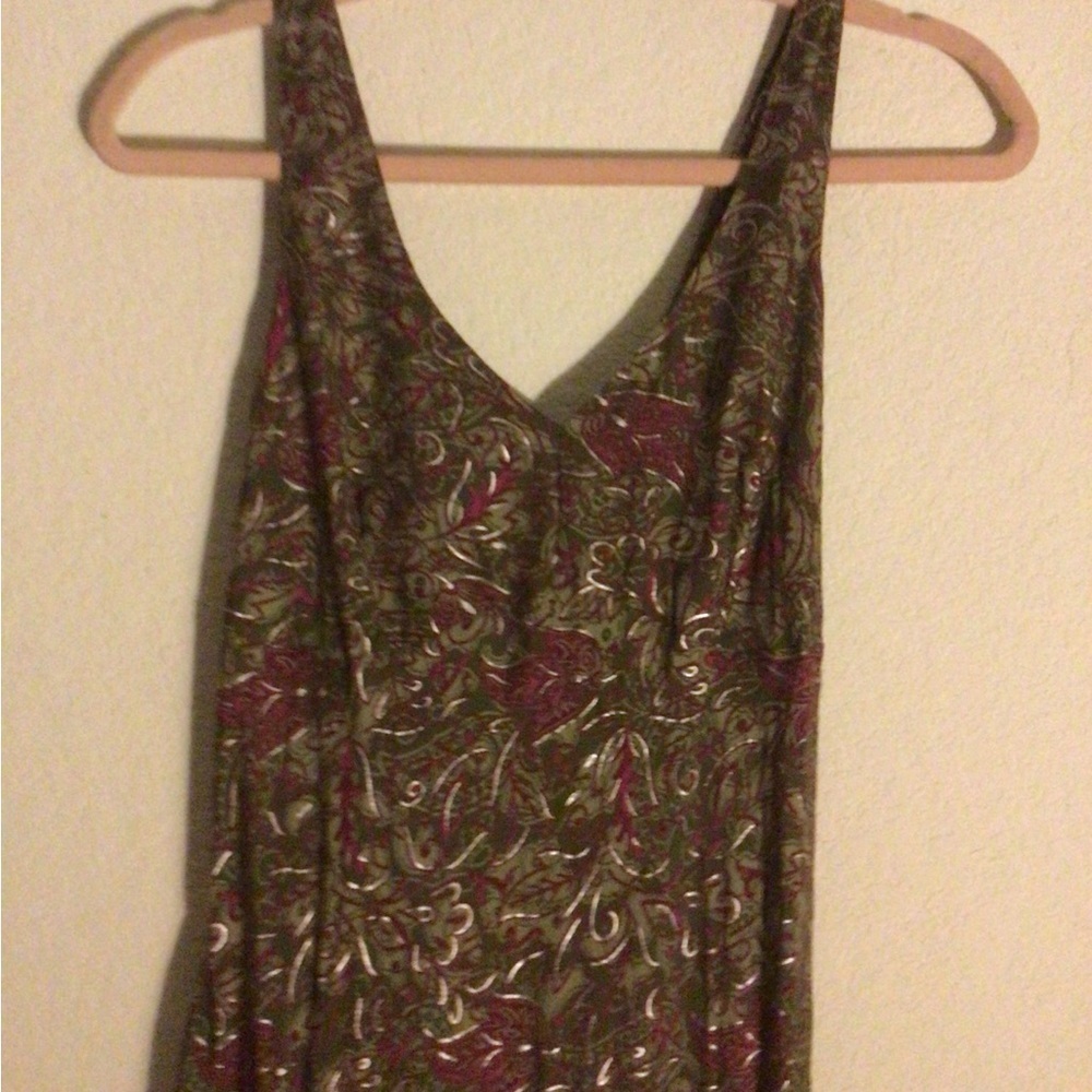 Coline Drop Waist Tiered Smock Back Floral Maxi Dress in Olive Purple Silver S/M - Picture 4 of 9